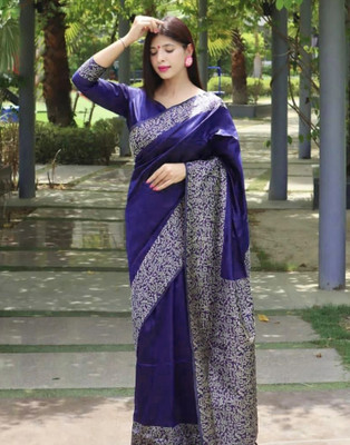 Samah Woven, Self Design Banarasi Silk Blend, Jacquard Saree(Dark Blue)