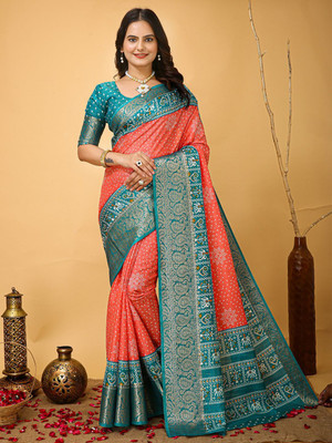 Anouk Rustic Printed Patola Silk Blend Saree(Orange)