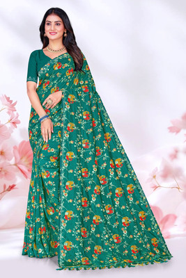 sarees Printed, Geometric Print Bollywood Georgette, Silk Blend Saree(Green)