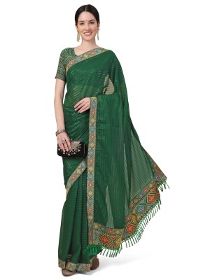 RekhaManiyar Striped Banarasi Art Silk Saree(Green)