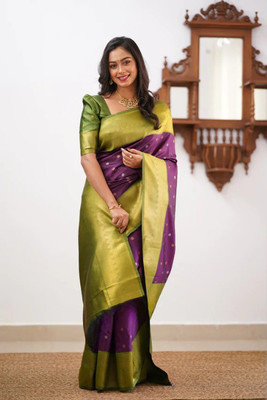 NIRLABH Striped Banarasi Pure Silk Saree(Purple)