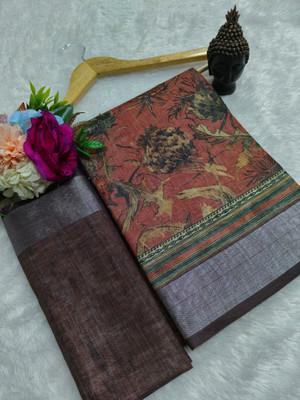 HouseOfCommon Printed Bollywood Pure Cotton, Cotton Linen Saree(Brown)