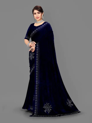 Julee Solid/Plain Bollywood Velvet Saree(Dark Blue)