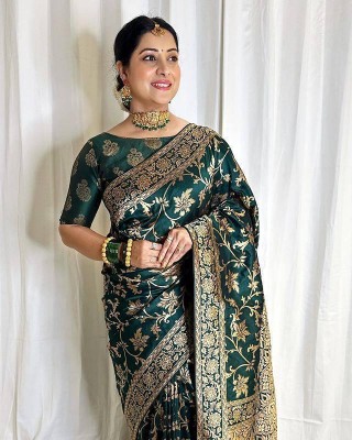 1ST STITCH FAB Woven, Embellished, Floral Print, Solid/Plain Kanjivaram Pure Silk, Art Silk Saree(Green)