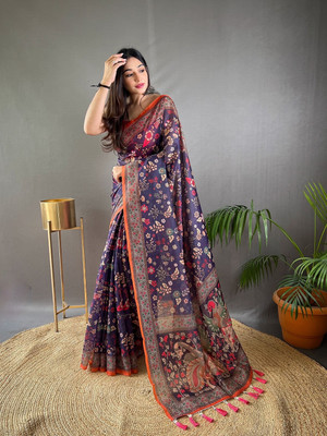 SGF11 Self Design Handloom Cotton Linen Saree(Purple)
