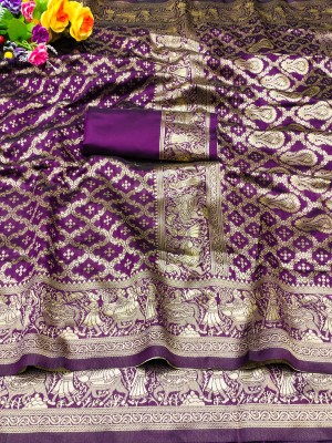 THIRA Woven Baluchari Silk Blend Saree(Purple)