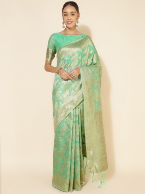Janasya Floral Print Chanderi Silk Blend Saree(Green)