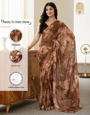 Samah Color Block, Printed Bollywood Georgette Saree(Brown)