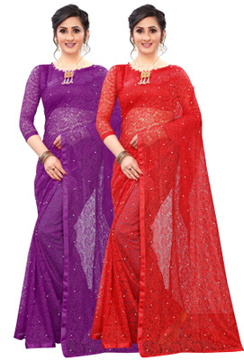 LOROFY Embellished Bollywood Net Saree(Pack of 2, Multicolor)