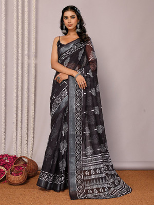 Janasya Floral Print, Printed Daily Wear Cotton Blend Saree(Black)