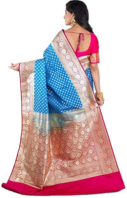 BongSaree Printed Banarasi Handloom Pure Silk Saree(Blue, Pink)