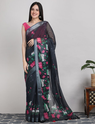Tantvi Printed Daily Wear Cotton Linen Saree(Black)