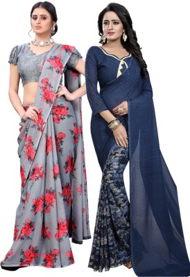 Priyashi Printed Daily Wear Georgette Saree(Pack of 2, Dark Blue)