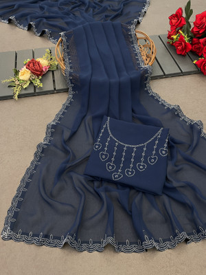 Sanwariya Silks Solid/Plain Bollywood Georgette Saree(Dark Blue)