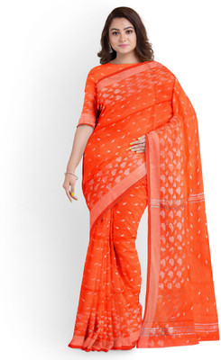 dE Diya Enterprise Self Design Handloom Cotton Blend Saree(Orange)