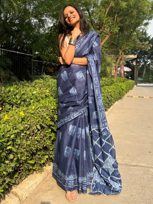 Divastri Printed Daily Wear Pure Cotton Saree(Dark Blue)