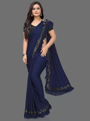 UNICK Embellished Bollywood Lycra Blend Saree(Dark Blue)