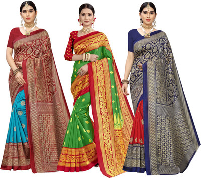 Grubstaker Floral Print, Paisley, Printed Kanjivaram Cotton Silk Saree(Pack of 3, Blue, Light Green, Maroon)