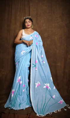 BBSaree Hand Painted Bollywood Cotton Blend Saree(Light Blue)