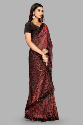 Vragi Printed Bollywood Lycra Blend Saree(Maroon)