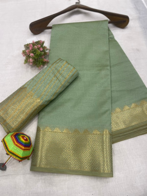 VAKHARIYAFAB Solid/Plain Kanjivaram Cotton Silk, Pure Silk Saree(Light Green)