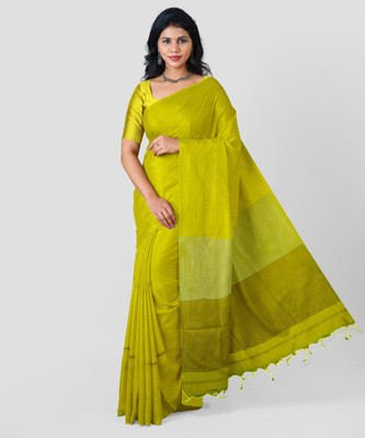 LDma Self Design, Temple Border Handloom Cotton Blend Saree(Yellow)
