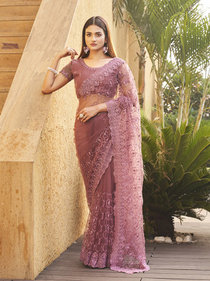 Tikhi Imli Embroidered Bollywood Net Saree(Pink)