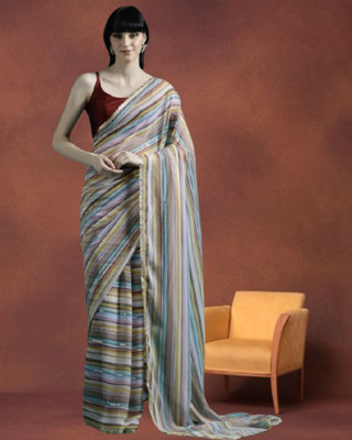 Jayu Digital Print, Embroidered, Printed, Striped Bollywood Georgette Saree(Brown)
