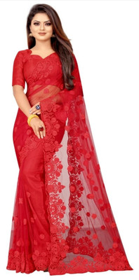 Vijay Fashion Embroidered Bollywood Net Saree(Red)