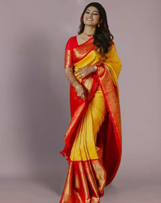 Anjaneya Sarees Self Design Banarasi Silk Blend Saree(Yellow)