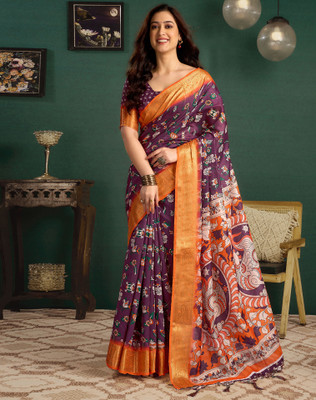 Tasrika Printed, Woven, Embellished Kalamkari Tussar Silk Saree(Purple)