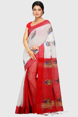 Mystory Embroidered Handloom Handloom Cotton Silk Saree(White, Red)