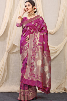 HouseOfCommon Printed, Self Design Banarasi Pure Silk Saree(Magenta)