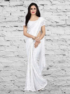 SwiftStyle Self Design Bollywood Net Saree(White)