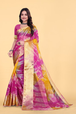 Aarunika SST Printed Bollywood Organza Saree(Yellow, Pink)