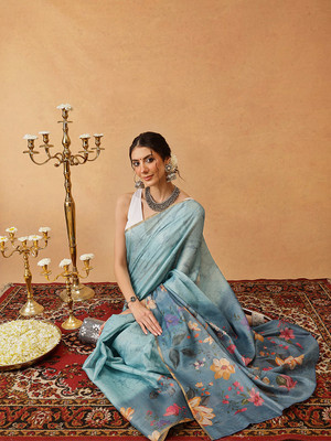 SILK ZONE Digital Print Banarasi Cotton Blend Saree(Blue)
