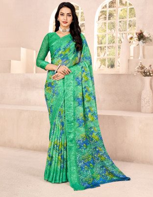 HouseOfCommon Floral Print Daily Wear Chiffon Saree(Green)
