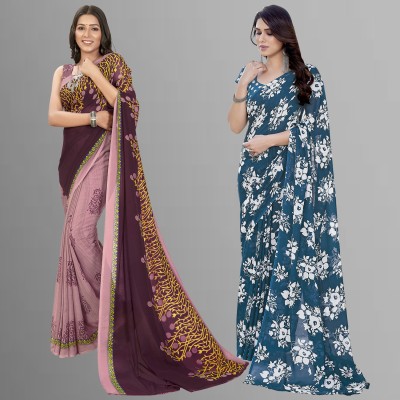 Anand Sarees Floral Print Daily Wear Georgette Saree(Pack of 2, Beige, Brown, Blue)