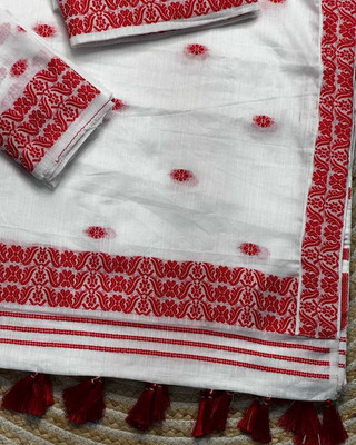 vraj enterprise Woven Mekhela Chador Pure Cotton Saree(White)
