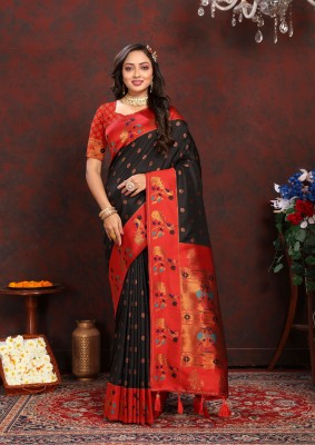 YUG ART Woven Paithani Silk Blend Saree(Black)