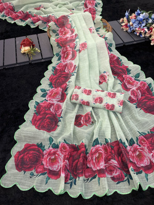 TAGALE Floral Print Chanderi Cotton Linen Saree(White)