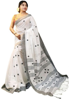 ANU INDIAN FASHION Woven, Striped, Geometric Print Handloom Cotton Blend Saree(White, Mustard, Grey)