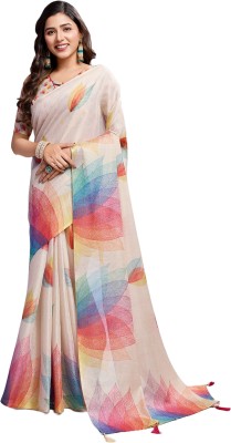 SHRIMAY Floral Print Bollywood Net, Organza Saree(Beige, Multicolor, Cream)