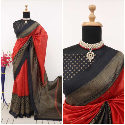 Zoamic the ethnic corner Floral Print Banarasi Art Silk Saree(Red, Black)