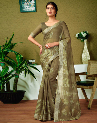 Tasrika Digital Print, Floral Print, Embellished Bollywood Linen Saree(Green)