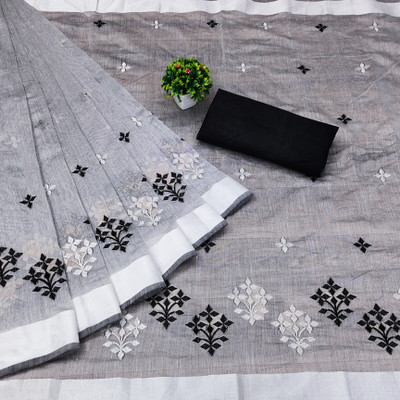 GLOWMOROUS Embroidered Handloom Cotton Linen Saree(Grey)