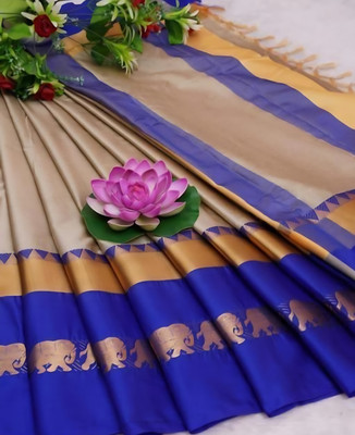 MoonTextile Temple Border Assam Silk Cotton Silk Saree(Beige, Blue)
