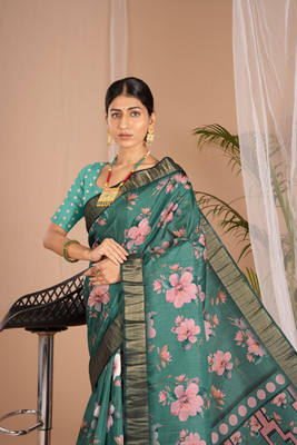 WISHLIST Digital Print Bollywood Silk Blend Saree(Green)
