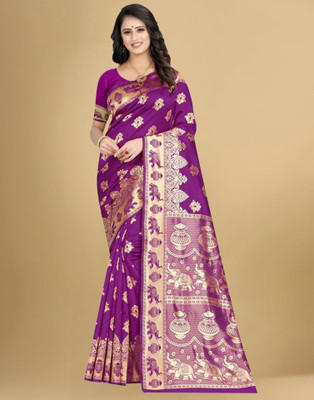 Samah Woven, Embellished, Self Design Banarasi Silk Blend, Jacquard Saree(Purple, Gold)
