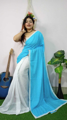 BBSaree Solid/Plain Lucknow Chikankari Cotton Silk Saree(Light Blue, White)